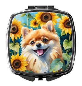 Pomeranian in Sunflowers Compact Mirror Decorative Travel Makeup Mirror for Women Girls Gifts Pocket Makeup Mirror Folding Handheld