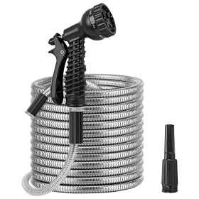 25FT/50FT/100FT Heavy Duty Stainless Steel Garden Hose Garden Watering Kit Metal Water Hose with 2 Nozzles 12 Patterns Flexible Extendable Kink Tangle (Option: MetalWaterHose100FT)