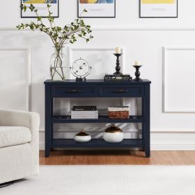 Retro Design Console Table with Two Open Shelves, Pine Solid Wood Frame and Legs for Living Room (Main Color: Navy Blue, Main Material: Wood)